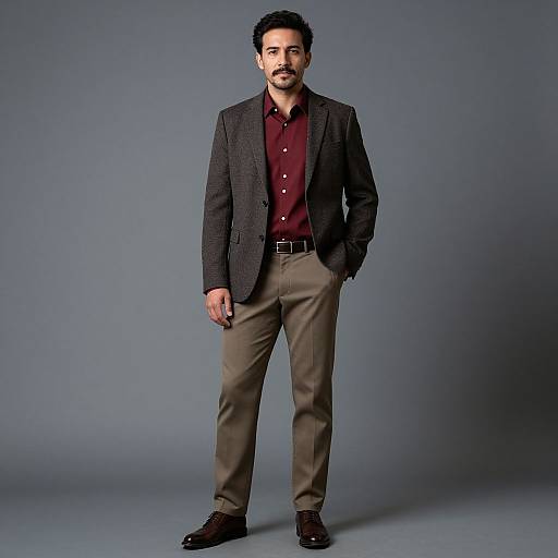 Photograph of a man with dark hair and beard, wearing a dark gray blazer, maroon shirt, beige pants, and brown shoes, standing