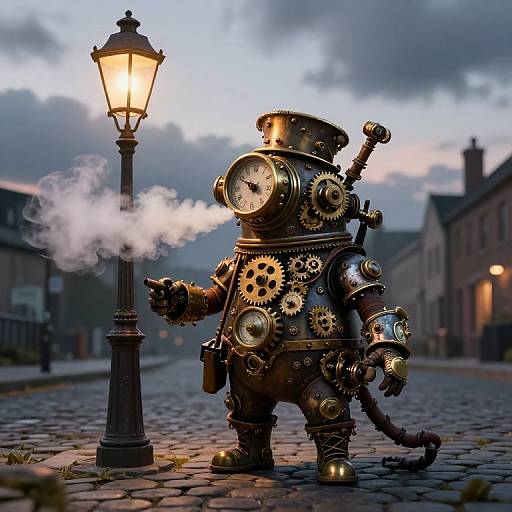 Steampunk clockwork robot with gears, steam, and a top hat stands on a cobblestone street beside a lit street lamp at dusk.