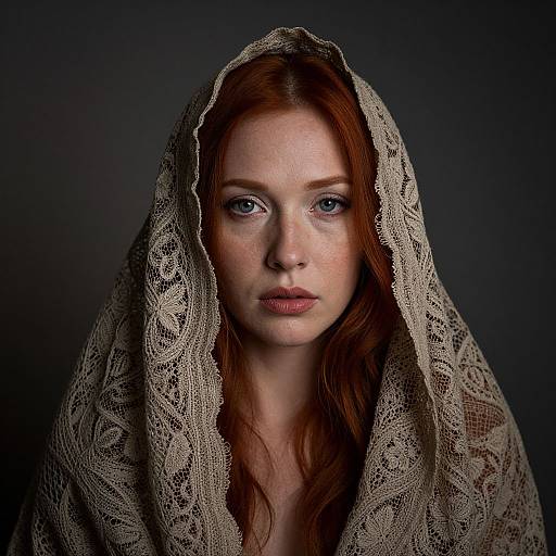 Photograph of a fair-skinned, red-haired woman with blue eyes, wearing a lace hood, against a dark background, looking directly at the camera