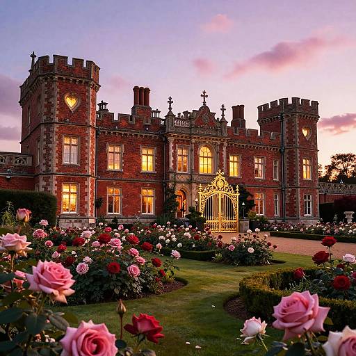 Photograph of a grand, gothic-style brick mansion at sunset, illuminated by warm yellow lights, surrounded by vibrant pink and red rose garden.