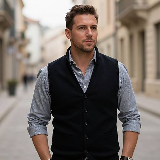 Photograph of a handsome, bearded Caucasian man with short brown hair, wearing a black vest over a blue-checkered shirt, standing on a blurred