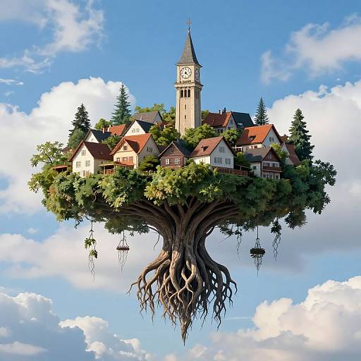 Digital artwork of a floating village on a tree with sprawling roots, featuring quaint houses, a clock tower, and hanging lanterns, set against a bright
