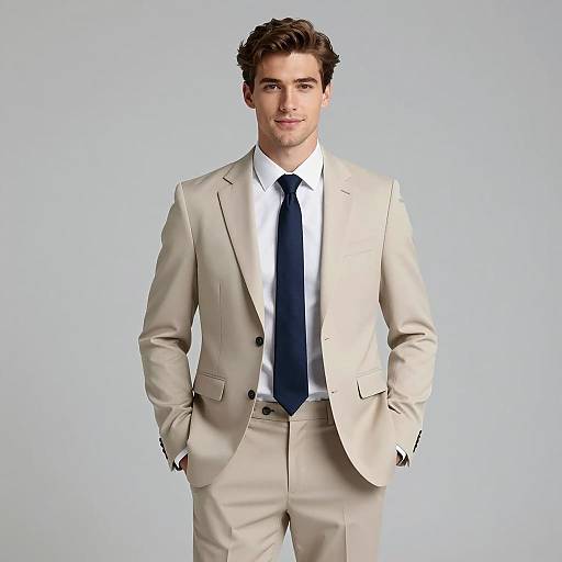 Young Man in Beige Suit and Navy Tie