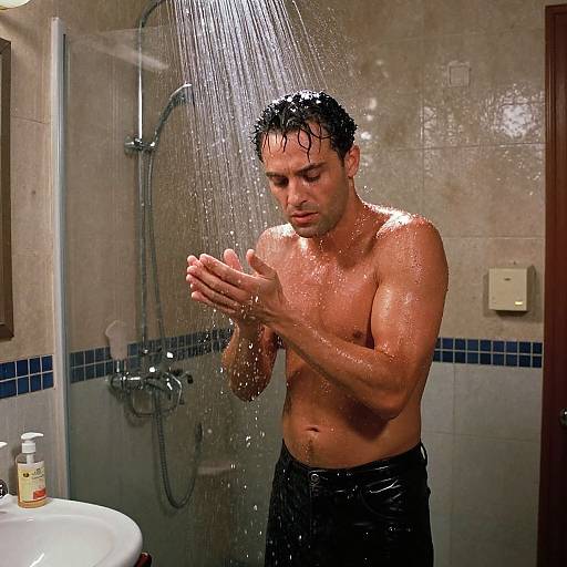 Photograph of a shirtless, wet-haired man with light skin standing in a shower, hands clasped, water cascading over him, blue tile