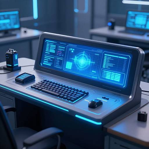 Photograph of a futuristic office with a glowing blue laptop displaying holographic interface, keyboard, mouse, and neon lights on a white desk.