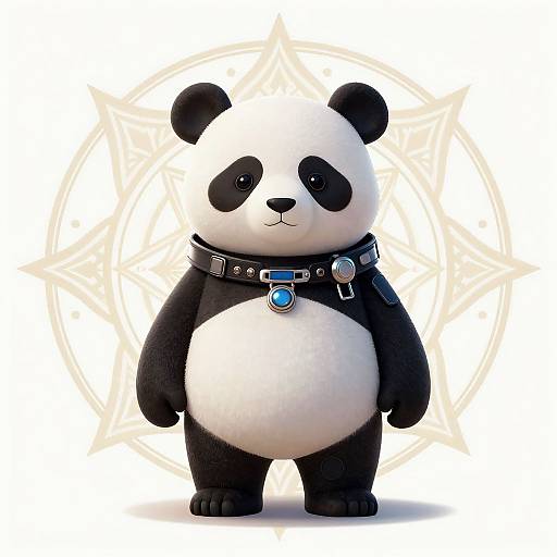 Cute digital illustration of a black-and-white panda wearing a silver collar with a blue gem and lock, standing against a star-shaped background.