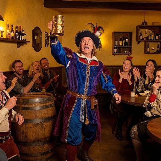 Flamboyant Bard in Bustling Tavern