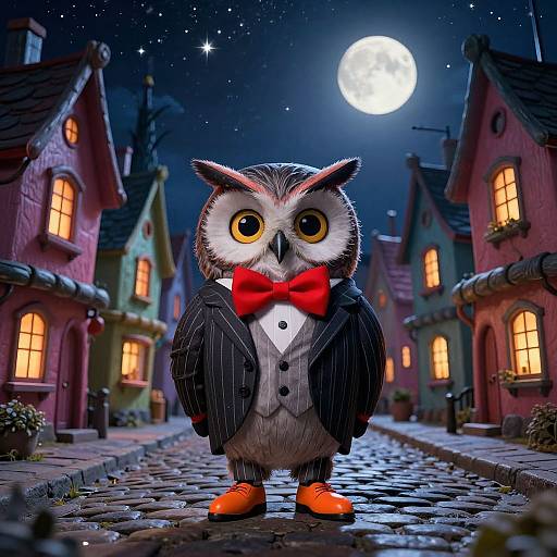 Digital illustration of a cute, anthropomorphic owl in a tuxedo with a red bow tie and orange shoes, standing on a cobblestone street