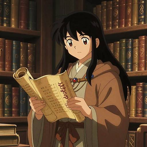 Anime Mystic Scholar Reading Ancient Scroll