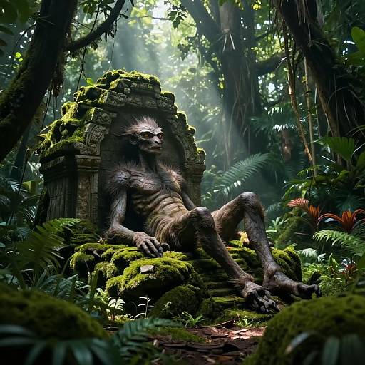 Photorealistic digital artwork of a muscular, humanoid werewolf with dark fur, red eyes, and pointed ears, lounging on a moss-covered,