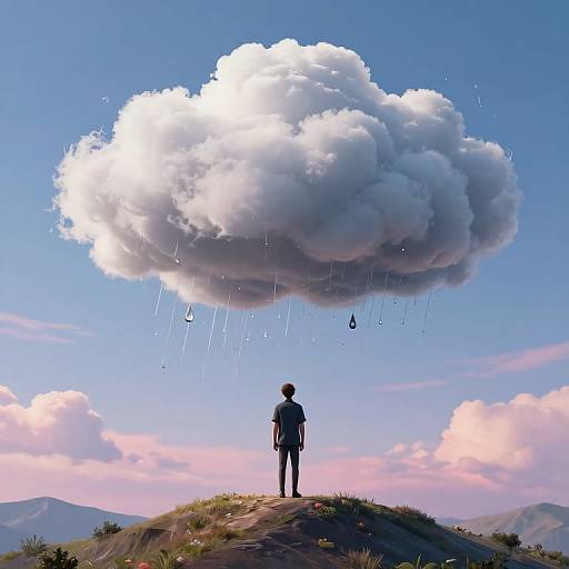 Digital illustration of a solitary man in a suit standing on a hill, gazing at a massive, rain-filled cloud against a vivid blue sky.