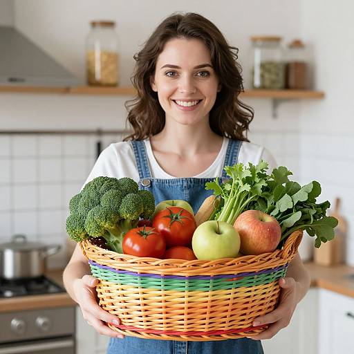 Smiling woman with brown hair in blue overalls holding a colorful wicker basket filled with fresh vegetables and fruits in a bright kitchen. Photorealistic