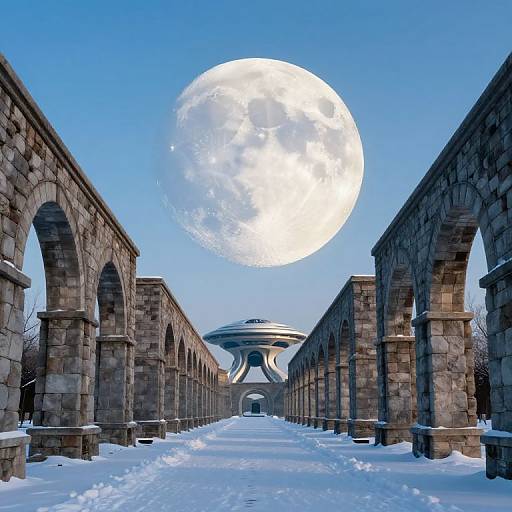Photograph of a snowy, stone archway bridge leading to a futuristic dome, with a large, bright full moon in a clear blue sky.
