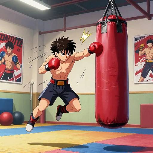 Anime-style drawing of a shirtless, muscular boy with spiky black hair, red boxing gloves, and navy shorts, punching a red punching bag in