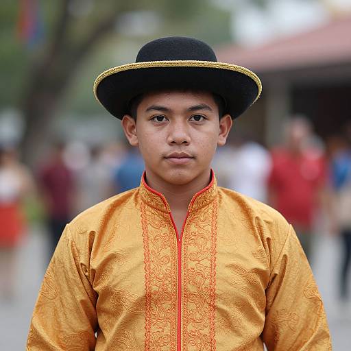 Photograph of a young Asian man with medium skin tone, wearing a black hat and yellow embroidered traditional shirt, standing in a blurred outdoor crowd.