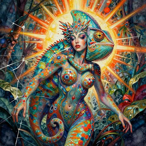 Digital art: A colorful, surreal mermaid-human hybrid with a chameleon head, vibrant patterns, radiant sunburst background, and intricate, abstract textures