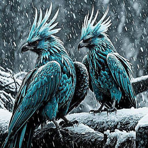 Icy Blue Phoenixes in Snowfall