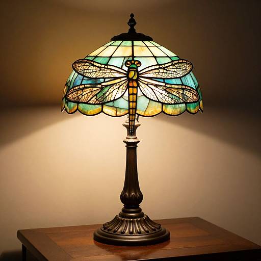 Photograph of a stained glass dragonfly table lamp with colorful wings, black base, and warm glow, on a wooden nightstand.