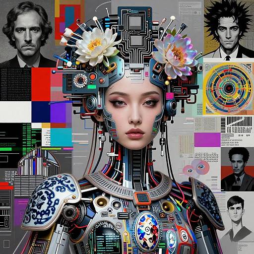 Digital collage: futuristic robotic woman with white flowers, circuitry, and colorful geometric patterns, surrounded by black-and-white portrait heads and vibrant squares.