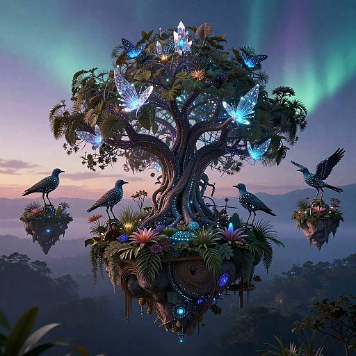 Bioluminescent Cybernetic Archipelago at Dusk