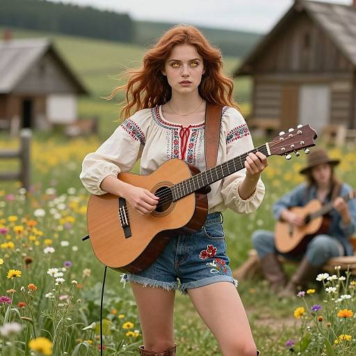 Photograph of a red-haired young woman playing an acoustic guitar in a vibrant meadow, wearing a white embroidered blouse and denim shorts, with a blurred