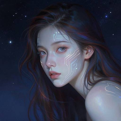 Digital artwork of a pale, ethereal young woman with glowing white circuit patterns on her face, long dark hair, and starry night background. Her