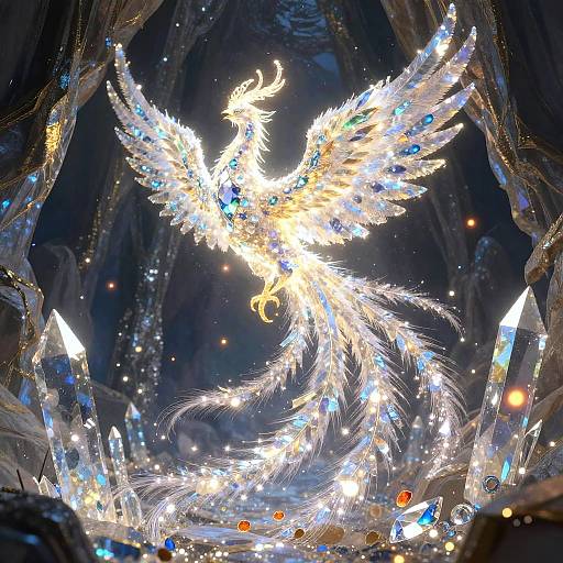Luminous Crystal Phoenix in Cave