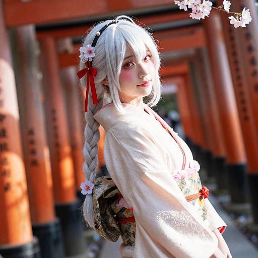 Cosplay photograph of a white-haired woman in traditional Japanese kimono with braided hair, red ribbons, and cherry blossoms, standing in front