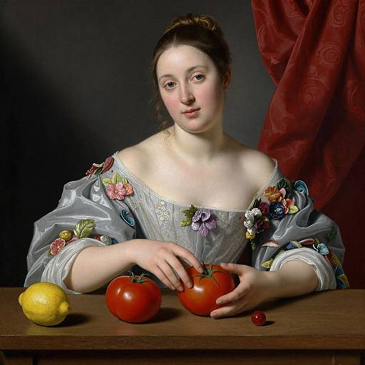 Baroque-style painting of a fair-skinned woman with brown hair, wearing a floral-embellished grey dress, gently touching red tomatoes on a
