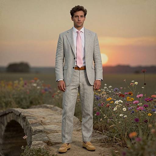 Photograph of a handsome man in a light gray suit, white shirt, and tan shoes, standing in a colorful wildflower field at sunset.