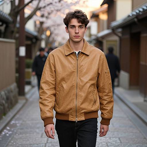 Photograph of a young man with dark, wavy hair, wearing a tan leather jacket and black pants, walking down a narrow, blurred Japanese street