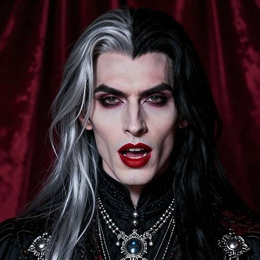 Photograph of a pale, androgynous figure with long silver hair, red lipstick, dark eye makeup, wearing black gothic attire, and