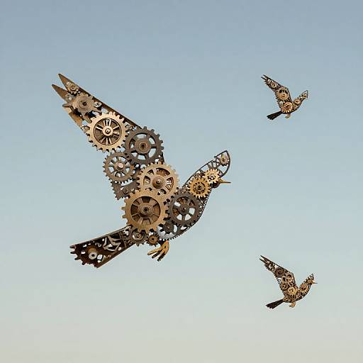 Steampunk-style metal bird with gears and cogs, soaring against a clear blue sky, accompanied by two smaller metal birds. Digital art.