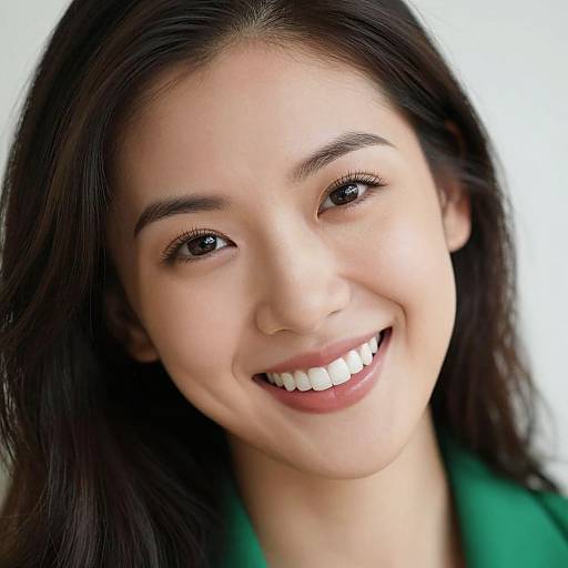 Photograph of a smiling young Asian woman with straight black hair, green eyes, fair skin, and wearing a green shirt against a white background.