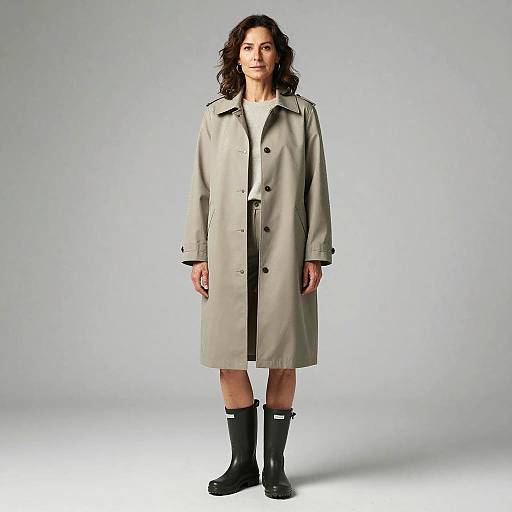 Photograph of a woman with wavy brown hair, wearing a long beige trench coat, white shirt, and black knee-high boots, standing against a