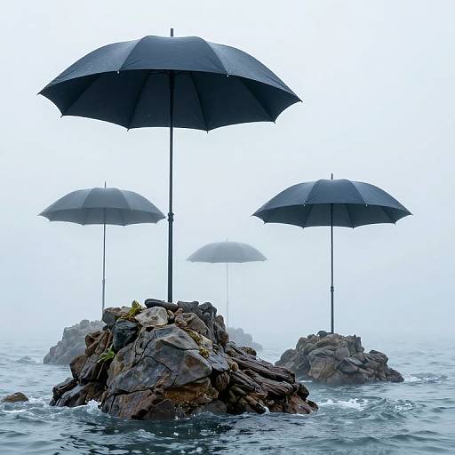 Photograph of three black umbrellas standing upright on rocky islands in a misty, overcast ocean, with small green plants on the rocks.