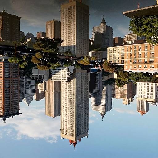Digital art of a cityscape with tall skyscrapers reflected in a calm, blue sky with white clouds, creating a mirrored effect.