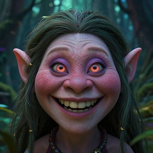 CGI close-up of a creepy, smiling goblin with glowing red eyes, pointed ears, and wrinkled skin in a dark, forested background