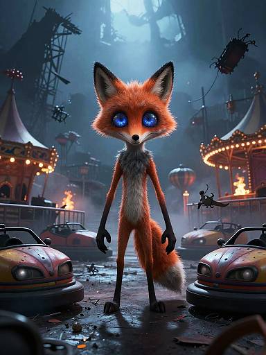 CGI anthropomorphic fox with bright blue eyes stands in a neon-lit, smoky carnival at night, surrounded by classic cars and burning buildings.