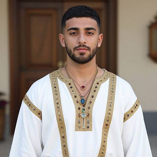 Photograph of a bearded Middle Eastern man with short dark hair, wearing a white, gold-embroidered, traditional robe, and two colorful