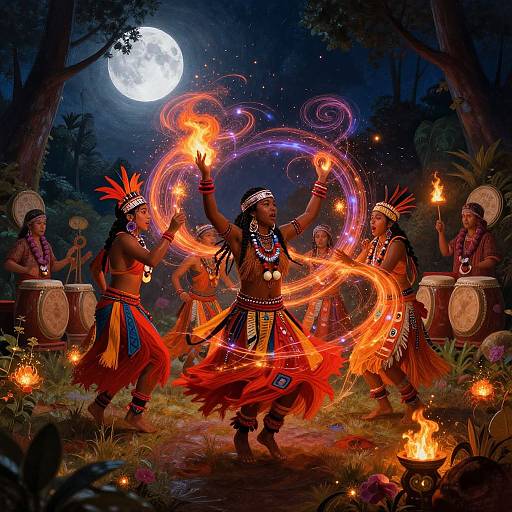 Photograph of Native American dancers under a full moon, performing fire rituals with glowing, circular flames, surrounded by drums and forest.