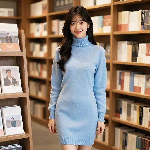 Cheerful Woman in Bookshop Pose