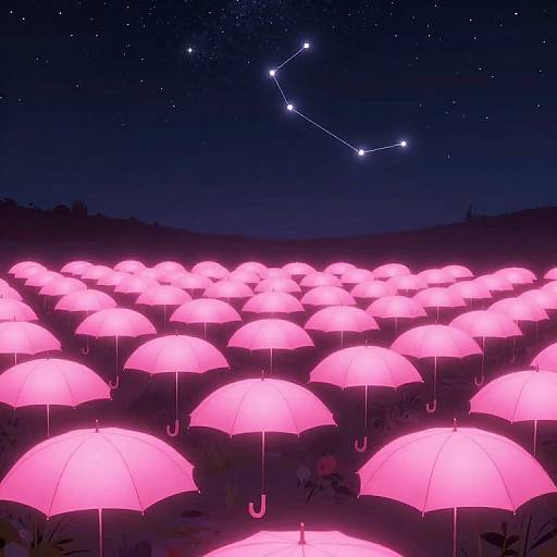 Digital illustration: Field of glowing pink umbrellas under a starry night sky with a constellation. Bright umbrellas contrast with dark landscape.