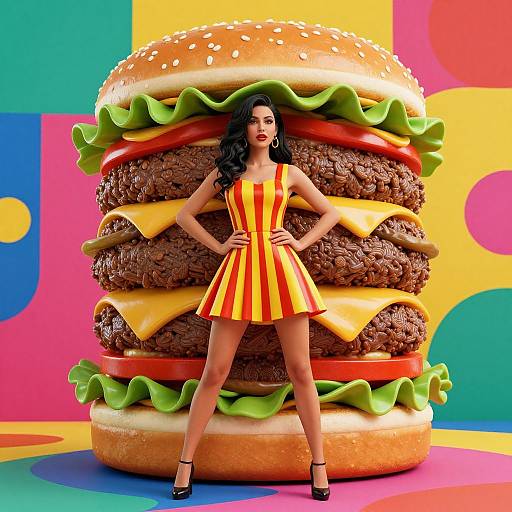 Photorealistic CGI: Brunette woman in yellow-red striped dress and black heels stands confidently in front of towering, layered cheeseburger with lettuce, tomato