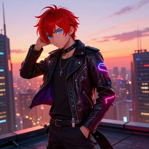 Anime-style digital art of a red-haired, blue-eyed young man in a black leather jacket with neon accents, standing on a rooftop at sunset, city