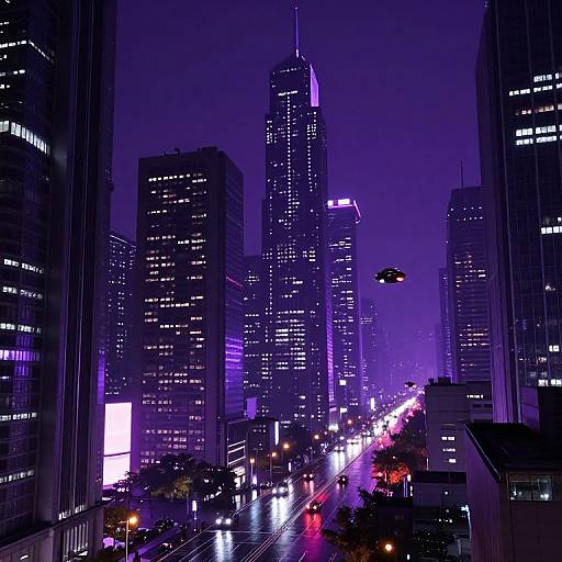 Nighttime cityscape photograph of a modern urban skyline, featuring illuminated skyscrapers with purple and white lights, bustling streetlights, and blurred car headlights