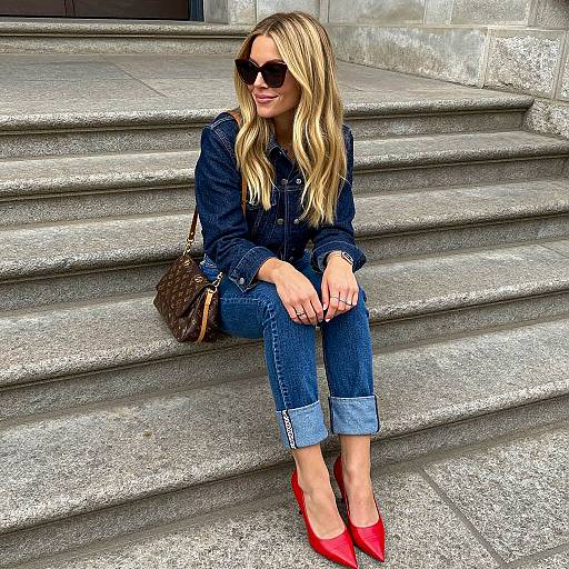 Chic Woman on Stone Steps in Style