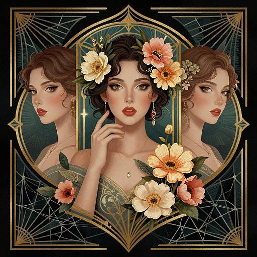 Art Deco Woman with Floral Portraits