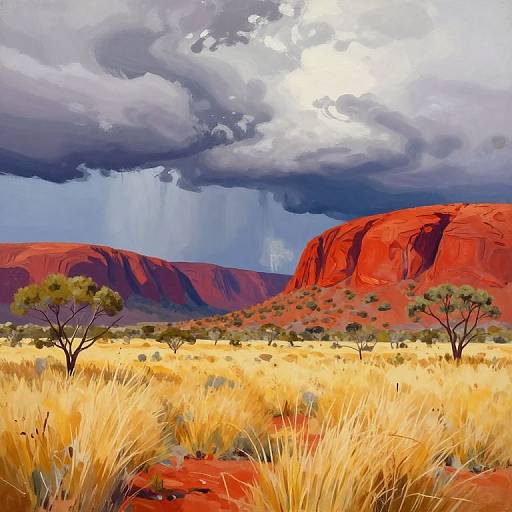 Digital painting of a vibrant Australian desert landscape with red rocky hills, yellow grass, sparse trees, and a dramatic cloudy sky.