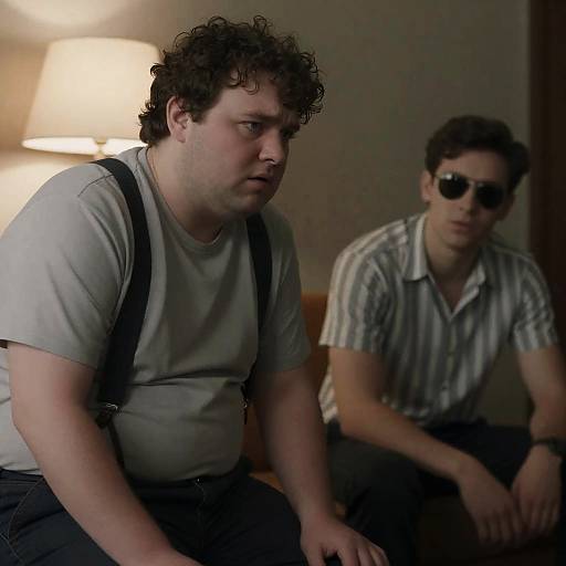 Two men in a dimly lit room